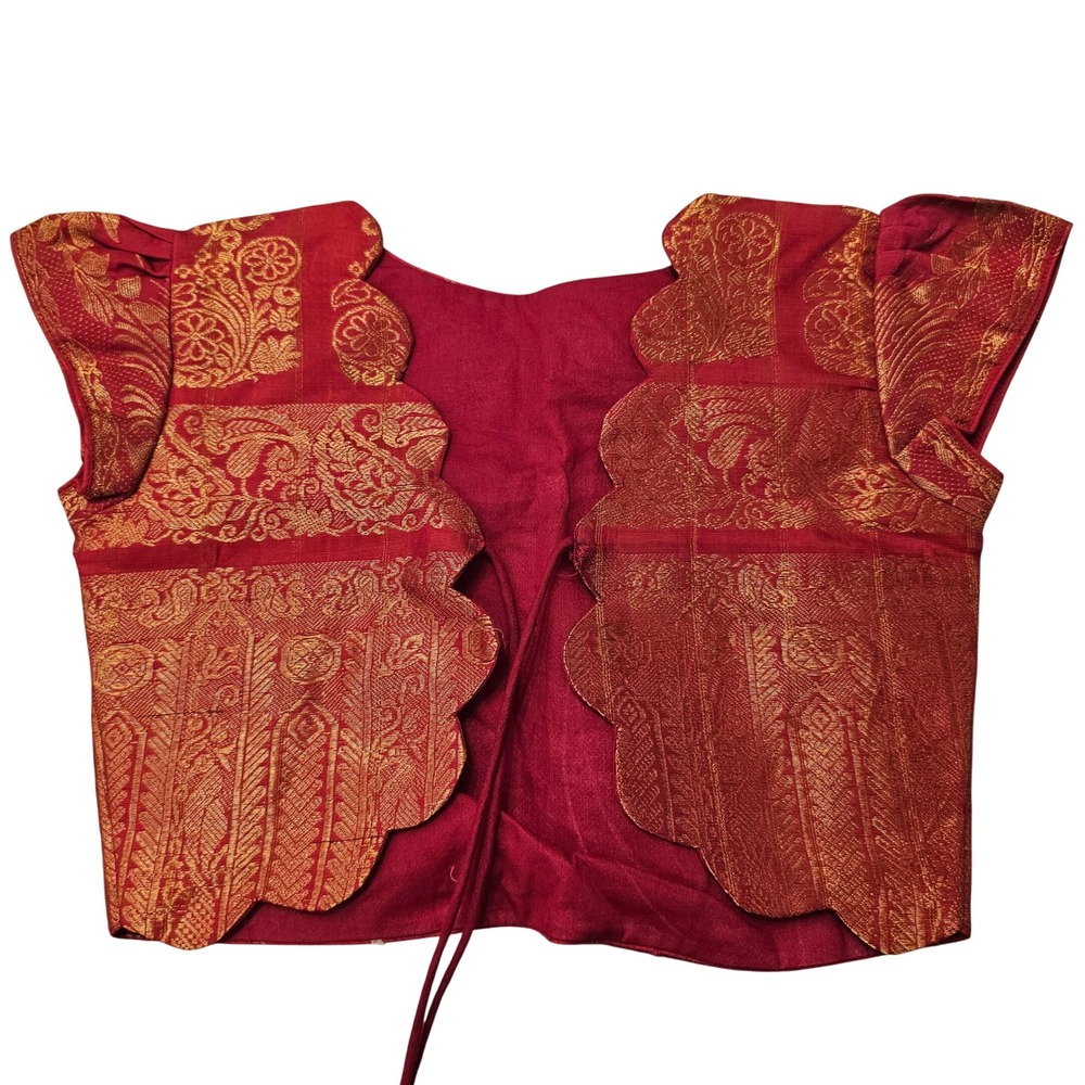 Vintage Kids Red Gold Brocade Choli Blouse Scalloped Tie Front Vest XXS Woman